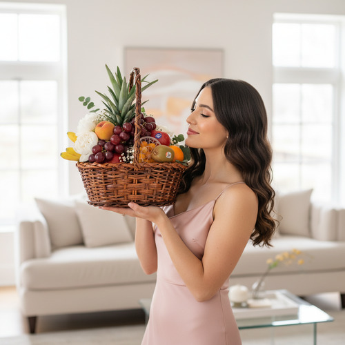 Mujer de vestido rosa claro sostiene una canasta de mimbre llena de frutas variadas, como uvas, piña, naranjas y plátanos, en una sala de estar luminosa y elegante