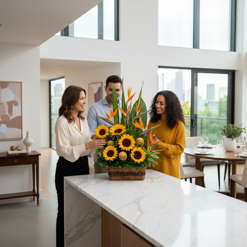 Tres personas de pie alrededor de un gran arreglo floral con girasoles y flores exóticas sobre una isla de cocina de mármol en un departamento moderno y luminoso con ventanales al fondo